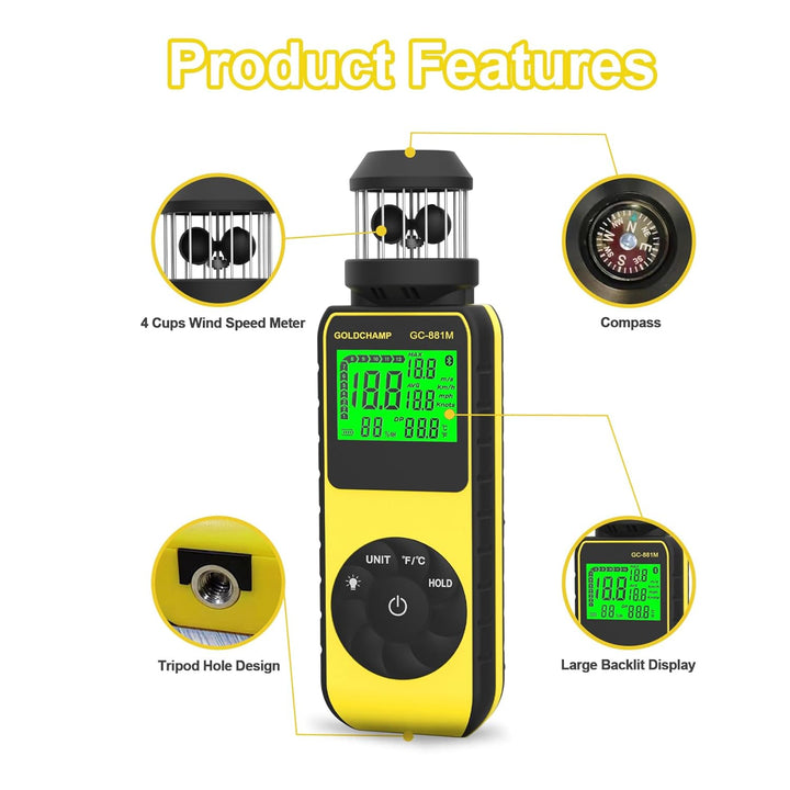 Cup Anemometer, Digitales Windmesser Windmessgerät mit 360°Windrichtung, Windgeschwindigkeitsmesser