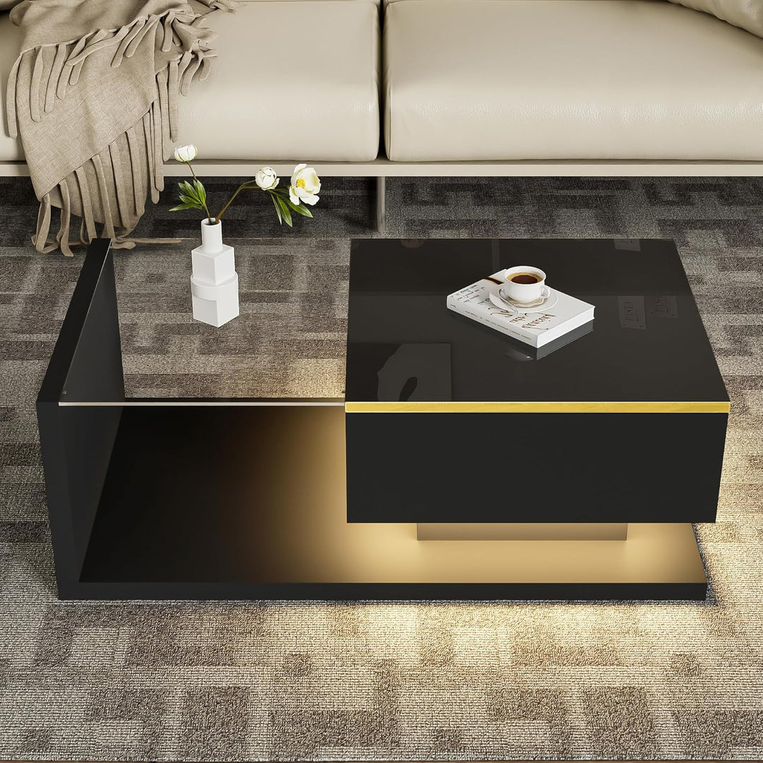 Merax Moderner LED Couchtisch, Wohnzimmertisch mit Stauraum, Hochglanz-Schwarz Beistelltische, Couch