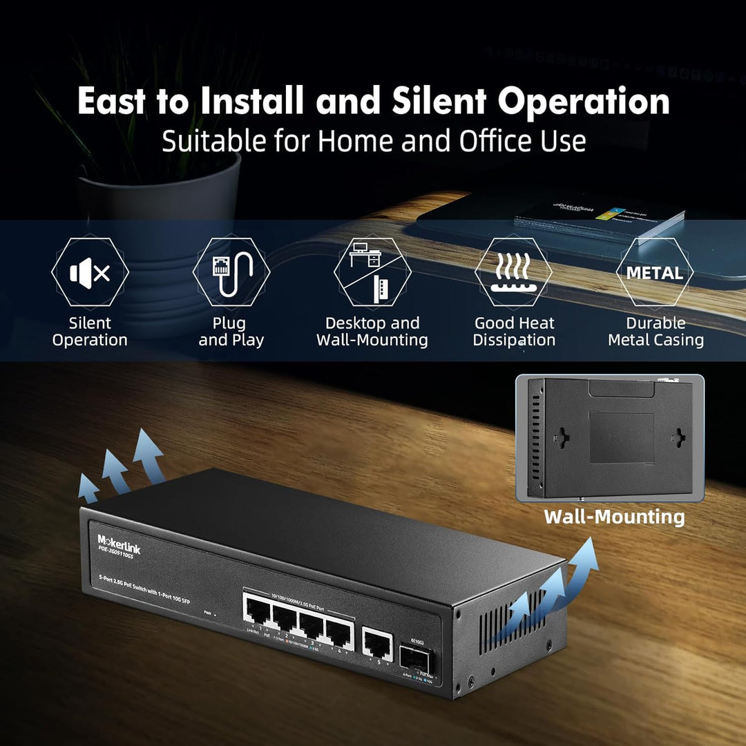 MokerLink 5 Port 2.5 Gigabit PoE Switch mit 10G SFP, 5 x 2.5G Ethernet Ports, 4 Port PoE IEEE802.3af
