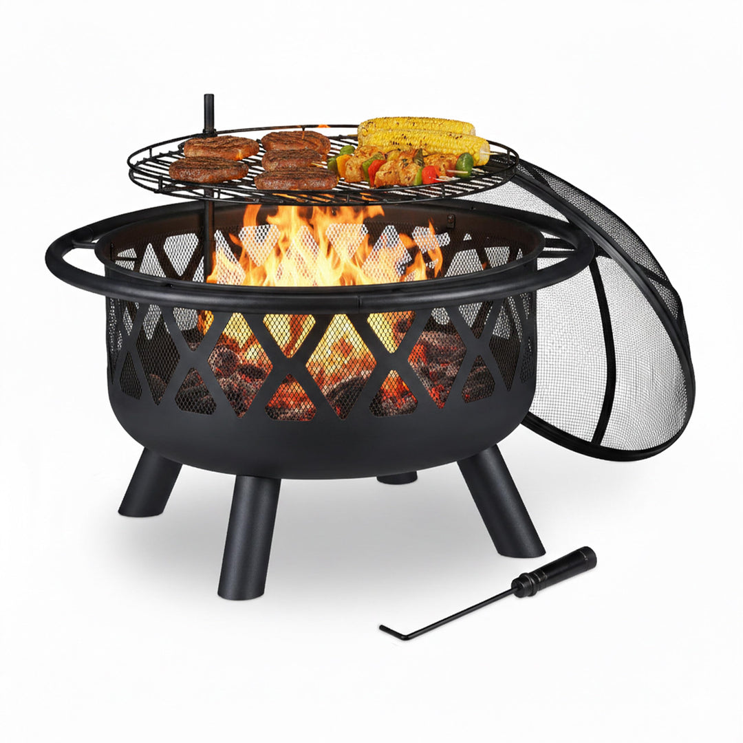 Relaxdays Feuerschale mit Grillrost, Funkenschutz & Schürhaken, Ø 75 cm, Stahl, Feuerstelle Garten &