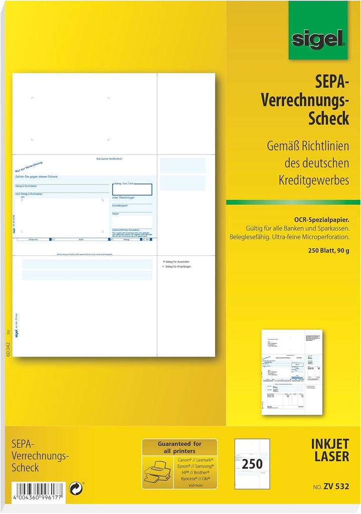 SIGEL ZV532 SEPA-Verrechnungs-Schecks, A4, 250 Blatt