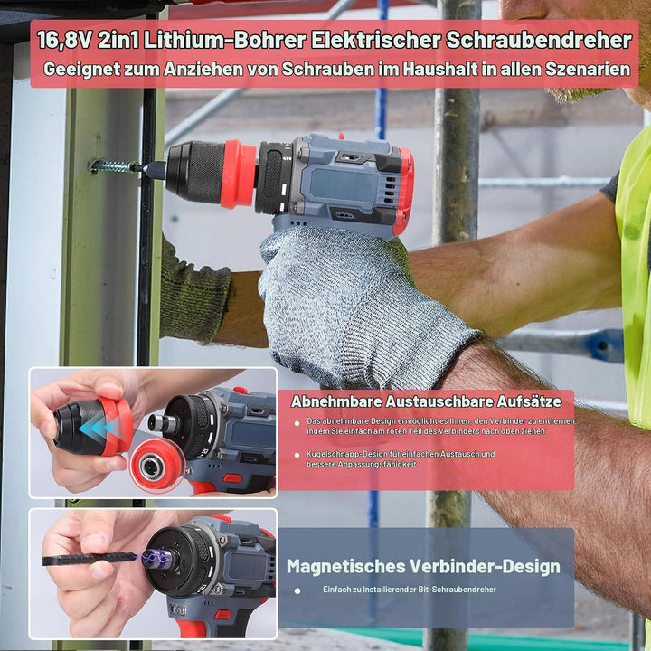 Weytoll 16,8V Akku-Bohrschrauber, Akkuschrauber, 2 * 1300-mAh-Akkus, max. 45 Nm, 21+1 Drehmomenteins