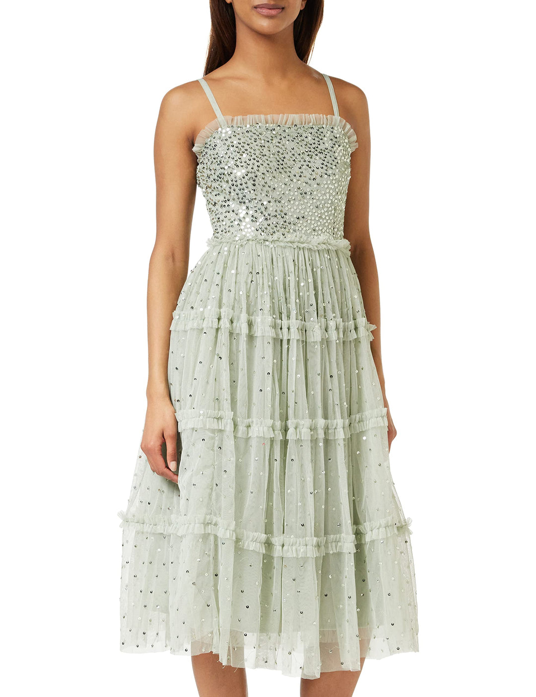 Maya Deluxe Damen Womens Midi Ladies Sequin Embellished Sleeveless Ruffle Dress for Wedding Guest Br