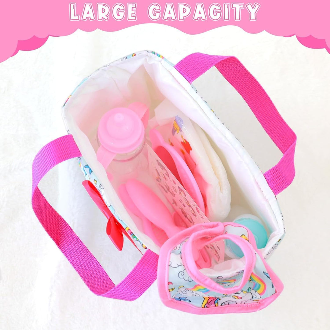 Babypuppe Zubehör Set – 13-teilig mit Puppenwickeltasche Kleid Kamm Spiegel Windel Lätzchen Aufklebe