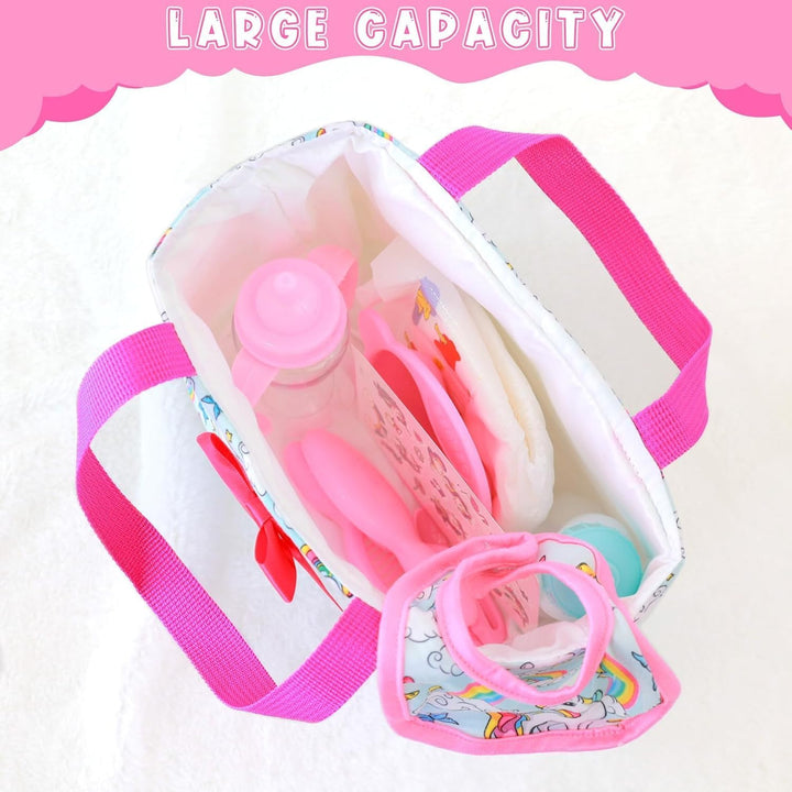 Babypuppe Zubehör Set – 13-teilig mit Puppenwickeltasche Kleid Kamm Spiegel Windel Lätzchen Aufklebe