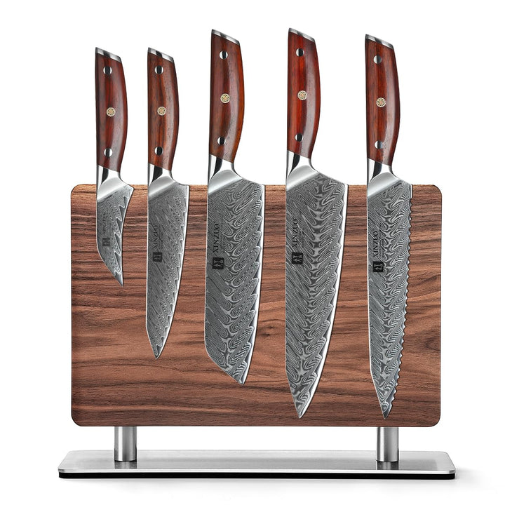 XINZUO 67 Schichten Damaststahl 5er Küchenmesser Set-Rosenholz Griff mit Walnussholz Messerblock Mag