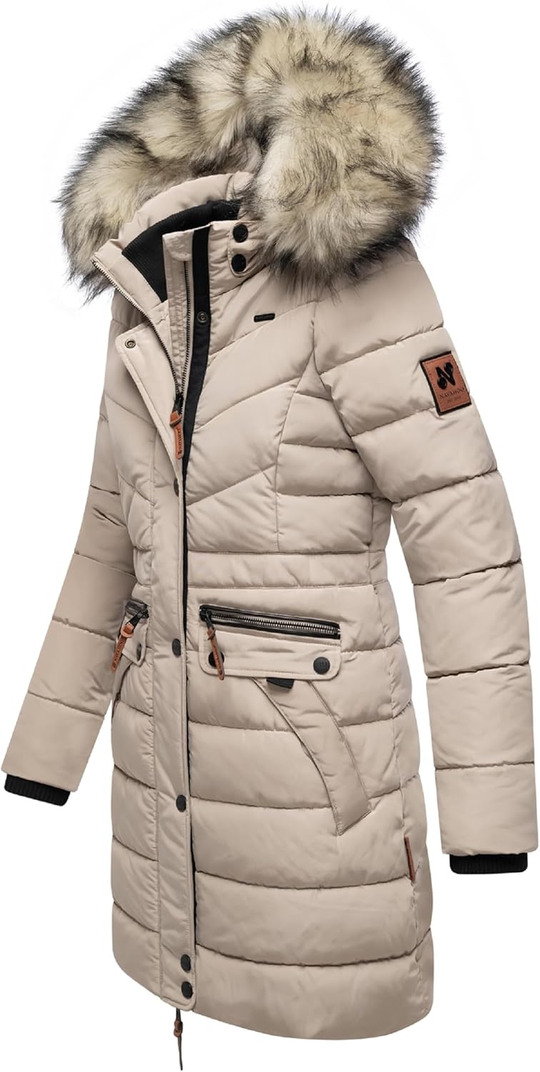 Navahoo Damen Wintermantel warmer Steppmantel lang mit abnehmbarer Kunstfell-Kapuze Paula XS-5XL S L