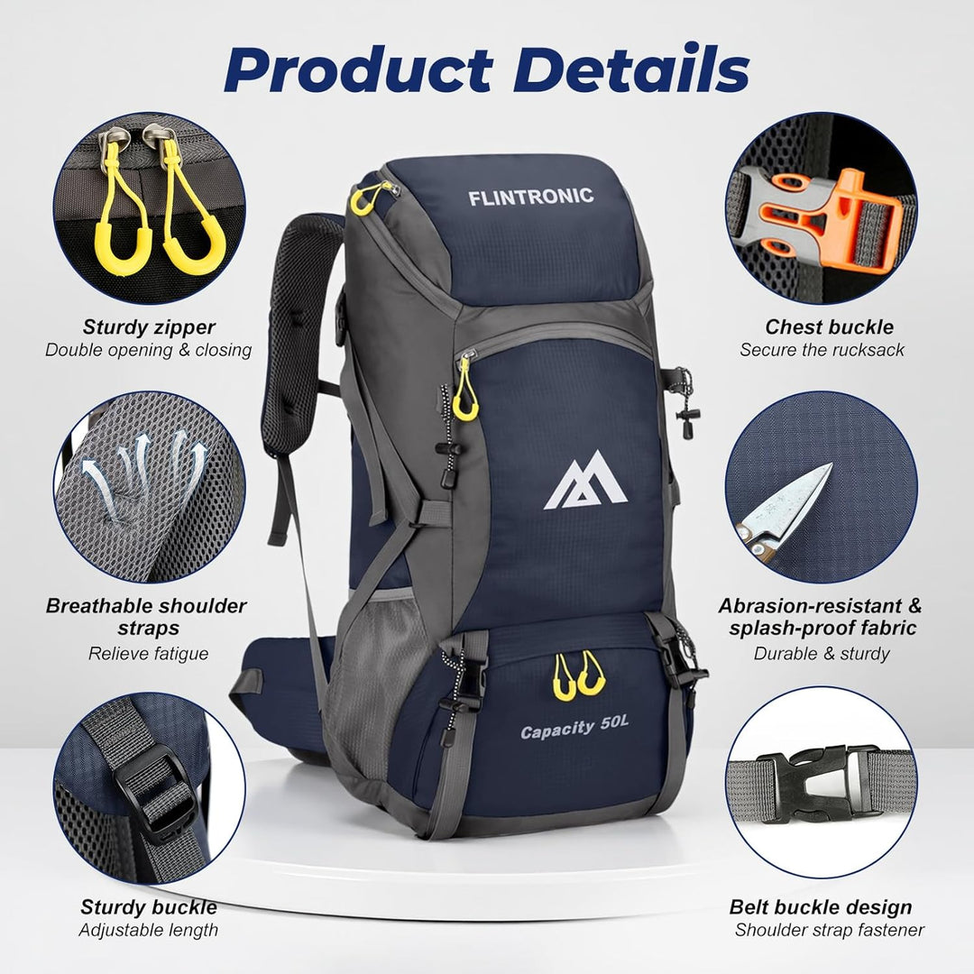 flintronic Wanderrucksack Herren Damen 50L, Outdoor Rucksack Trekkingrucksack, Leichter Wasserdichte