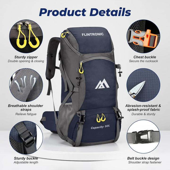 flintronic Wanderrucksack Herren Damen 50L, Outdoor Rucksack Trekkingrucksack, Leichter Wasserdichte