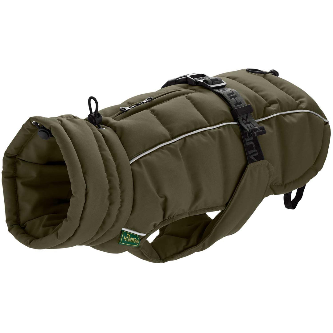 HUNTER Hundemantel Paxson, Farbe: Oliv, stylischer Puffermantel, wasserabweisend, reflektierende Det