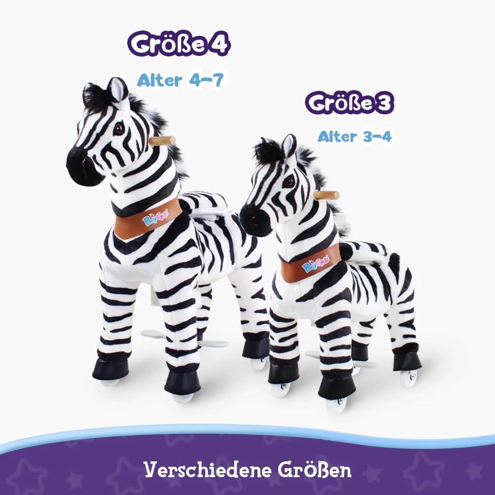 PonyCycle Zebra Reitpferd, für Kinder 3–4 Jahre, 76cm Hoch, Zebra Pferd auf Rollen mit Handbremse, P