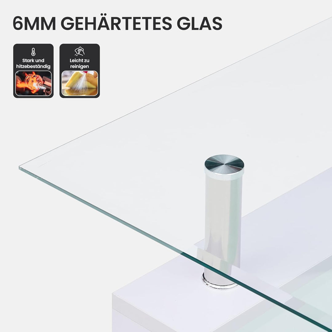 TUKAILAI Couchtisch Glas modern, Rechteckiger Wohnzimmertisch Beistelltisch mit unterer Ablage, Kaff