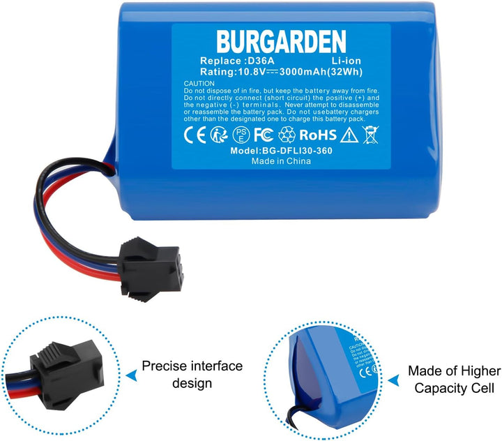 BURGARDEN 10.8V 3000mAh Li-ion Ersatzakku für Ecovacs D36A D36B D36C D36E DA60 DA611 DB35 Deebot Sli