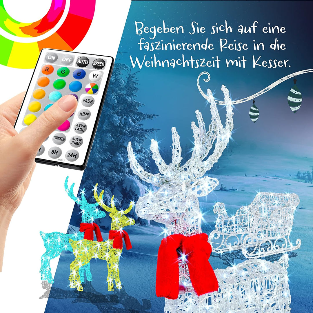 KESSER® 240er LED Rentiere mit Schlitten Mit Fernbedienung 30 Funktion, weiss/Bunt, Inkl. 2X Dekosch