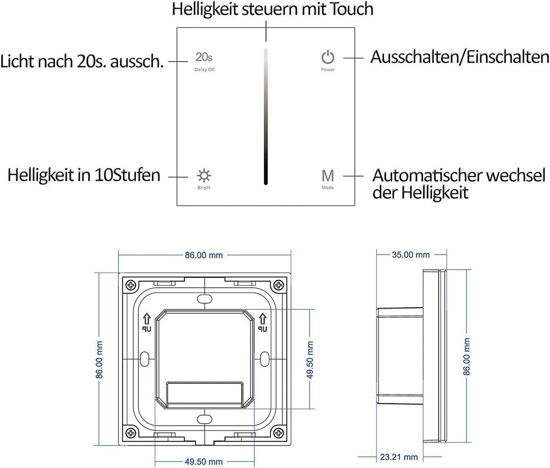 Dimmer-Panel für LED bis zu 240W, Touch-Schalter 230V universal für Phasenabschnitt & -anschnitt, Wa