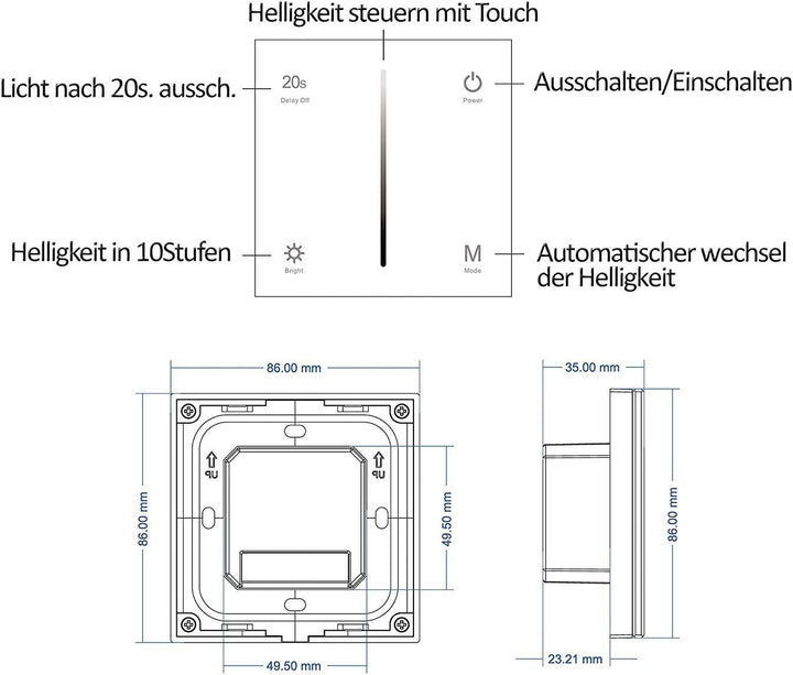 Dimmer-Panel für LED bis zu 240W, Touch-Schalter 230V universal für Phasenabschnitt & -anschnitt, Wa