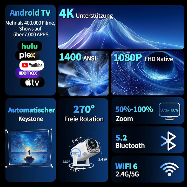 Beamer Unterstützt 4K 1080P, Projektor Tragbarer mit WiFi 6 und Bluetooth 5.2, Beamer Klein Projekto