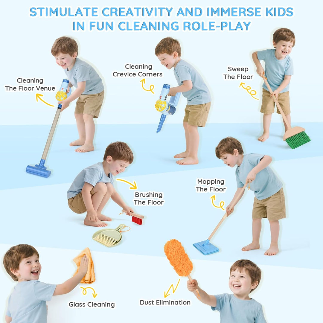 Dreamon Kinderstaubsauger Mit Saug und Soundfunktion, 11 PCS Putzset Kinder Holzspielzeug, Kinderbes