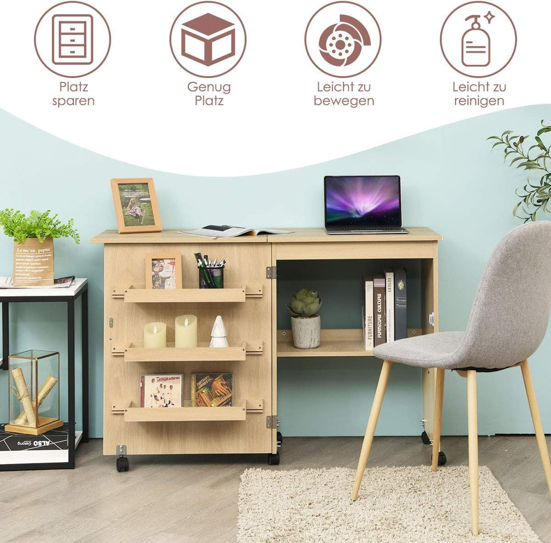 GOPLUS Nähtisch Faltbar, Nähmaschinentisch auf Rollen, Nähschrank Nähmaschinenschrank Computertisch