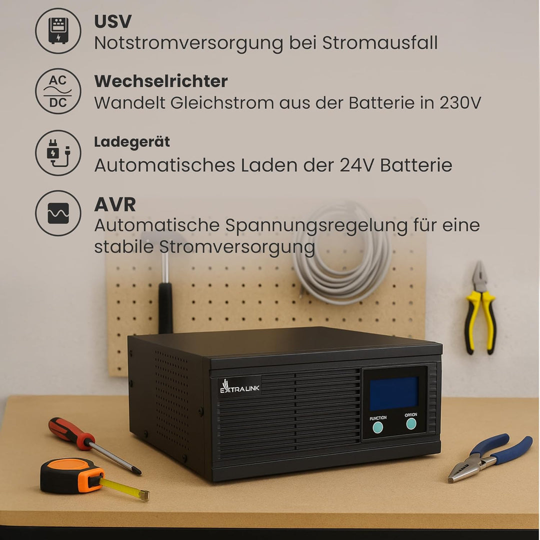 Notstromversorgung UPS EXTRALINK Piorun 2000VA/1600W Wechselrichter Reiner Sinus 24VDC USV Inverter