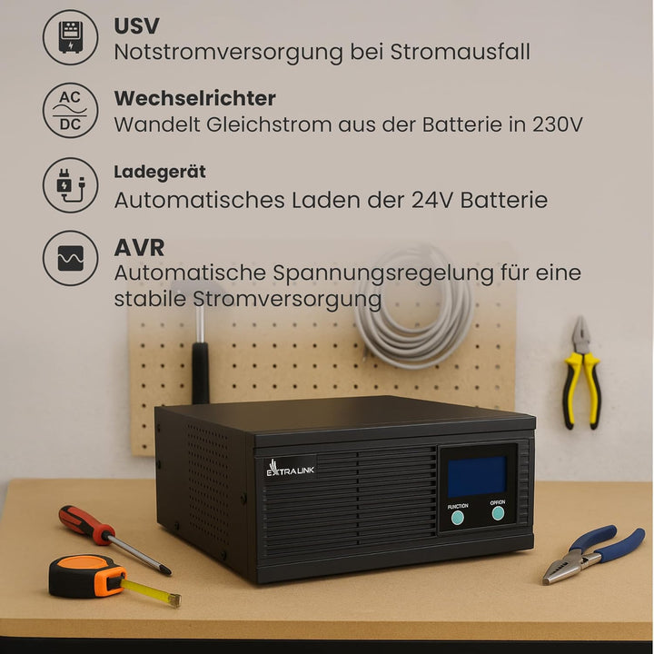 Notstromversorgung UPS EXTRALINK Piorun 2000VA/1600W Wechselrichter Reiner Sinus 24VDC USV Inverter