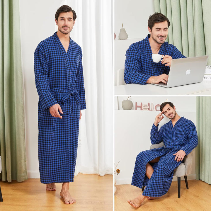FashGudim Herren Buffalo-Karo 100% Baumwollflanell Bademantel mit Schalkragen Leichter, langer Morge
