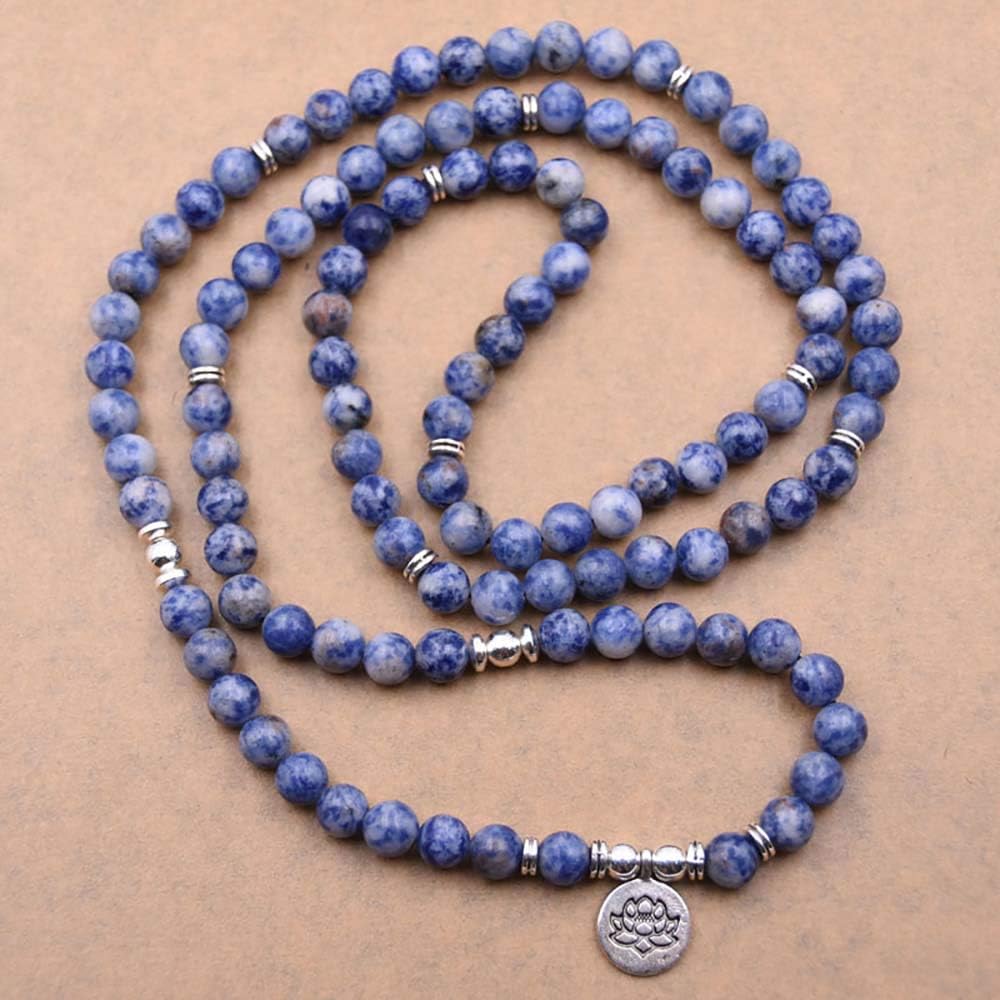 Self-Discovery Armband Mala Yoga 108 natürliche Perlen mit Lotusanhänger, Achat mit blauer Spitze (b