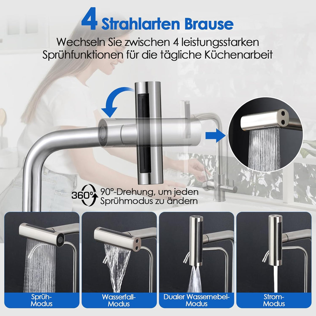 ROVOGO 3 Wege Wasserhahn Küche mit Filter, Küchenarmatur Ausziehbar mit 4 Strahlarten Brause, Doppel