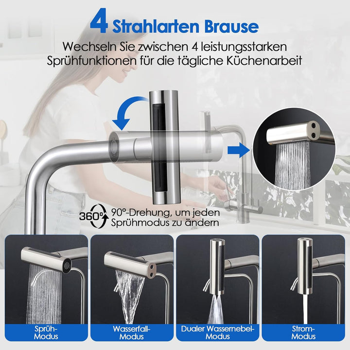 ROVOGO 3 Wege Wasserhahn Küche mit Filter, Küchenarmatur Ausziehbar mit 4 Strahlarten Brause, Doppel