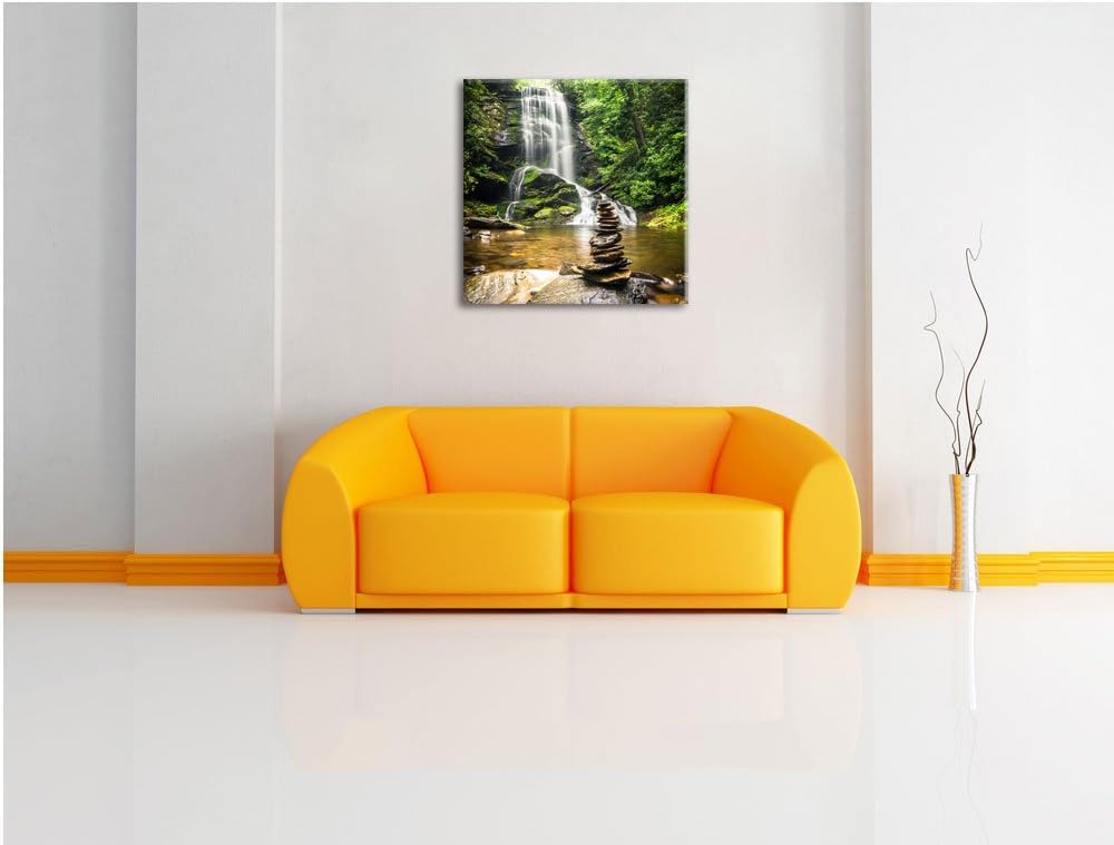 Zen Steine vor Wasserfall, Format: 70x70 auf Leinwand, XXL riesige Bilder fertig gerahmt mit Keilrah