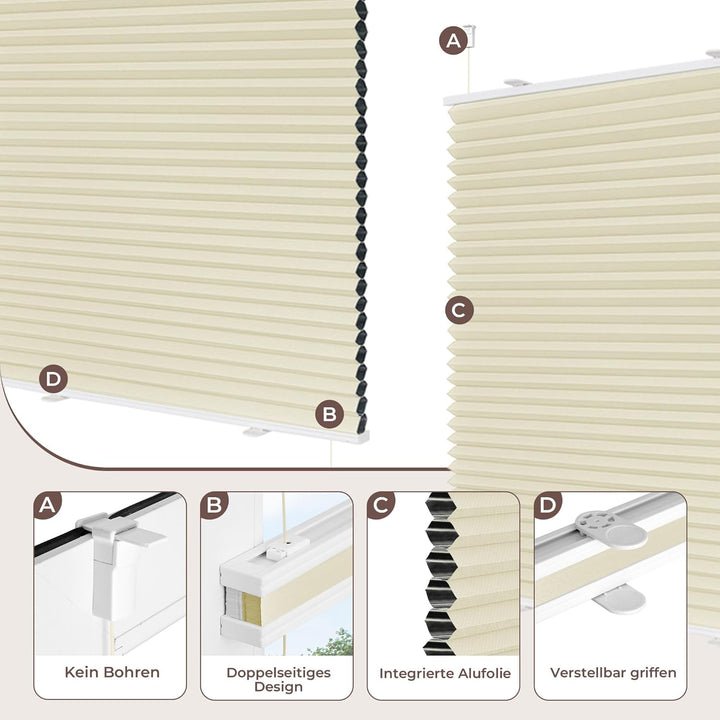 Allesin Wabenplissee ohne Bohren - Verdunklungsplissee 100% Blackout,Beige-weiss 45x110 cm Thermo &