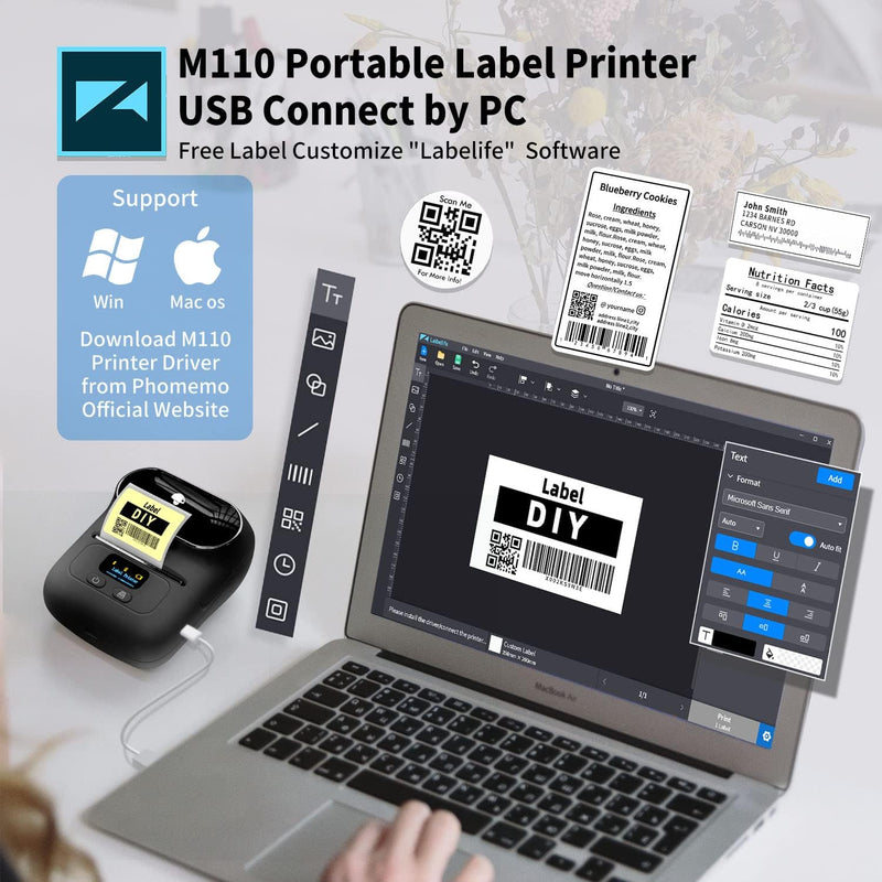Phomemo M110 Etikettendrucker, Bluetooth Beschriftungsgerät Selbstklebend Edikettengerät Tragbarer E