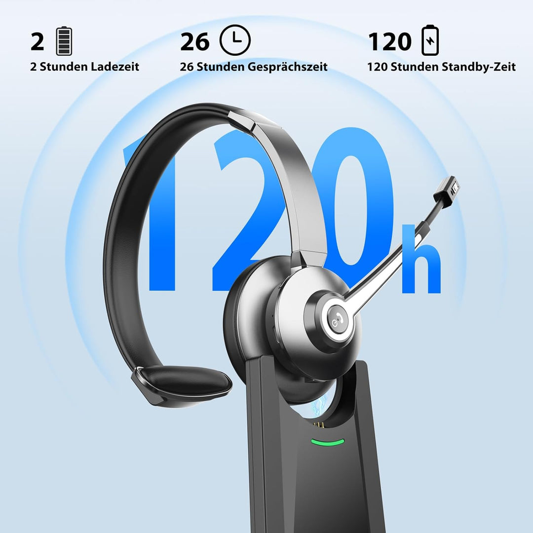 Bluetooth Headset mit Mikrofon，Kabelloses Headset mit USB Dongle & Ladestation, Wireless Office Head