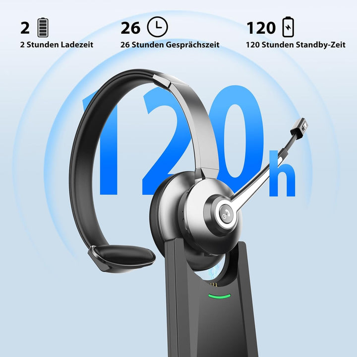 Bluetooth Headset mit Mikrofon，Kabelloses Headset mit USB Dongle & Ladestation, Wireless Office Head