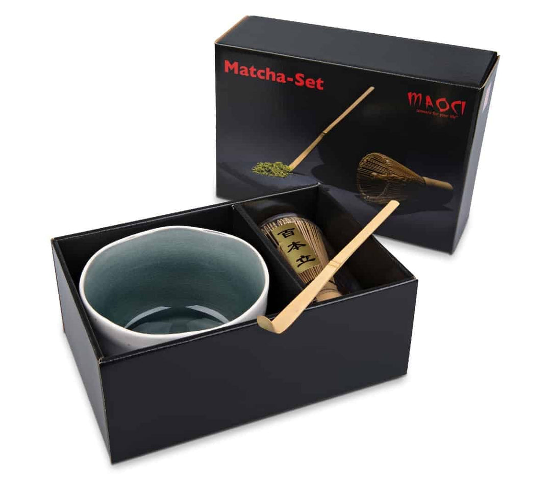 Matcha Tee Set MAOCI dreiteilig (hell) mit Matchaschale, Matchabesen und Matchalöffel - Geschenkkart