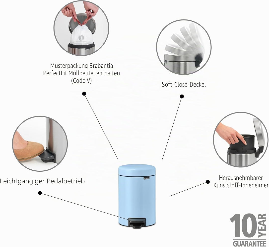 Brabantia - NewIcon Treteimer 3L - Kleiner Abfalleimer für Bad oder Toilette - Sanft Schliessender D