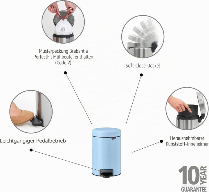 Brabantia - NewIcon Treteimer 3L - Kleiner Abfalleimer für Bad oder Toilette - Sanft Schliessender D