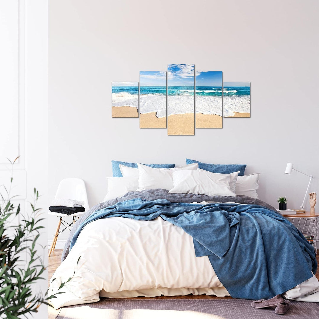 Runa Art Bild Schlafzimmer Wohnzimmer Strand Meer 5 Teilig Welle Beige Blau Wandbilder auf Vlies Lei