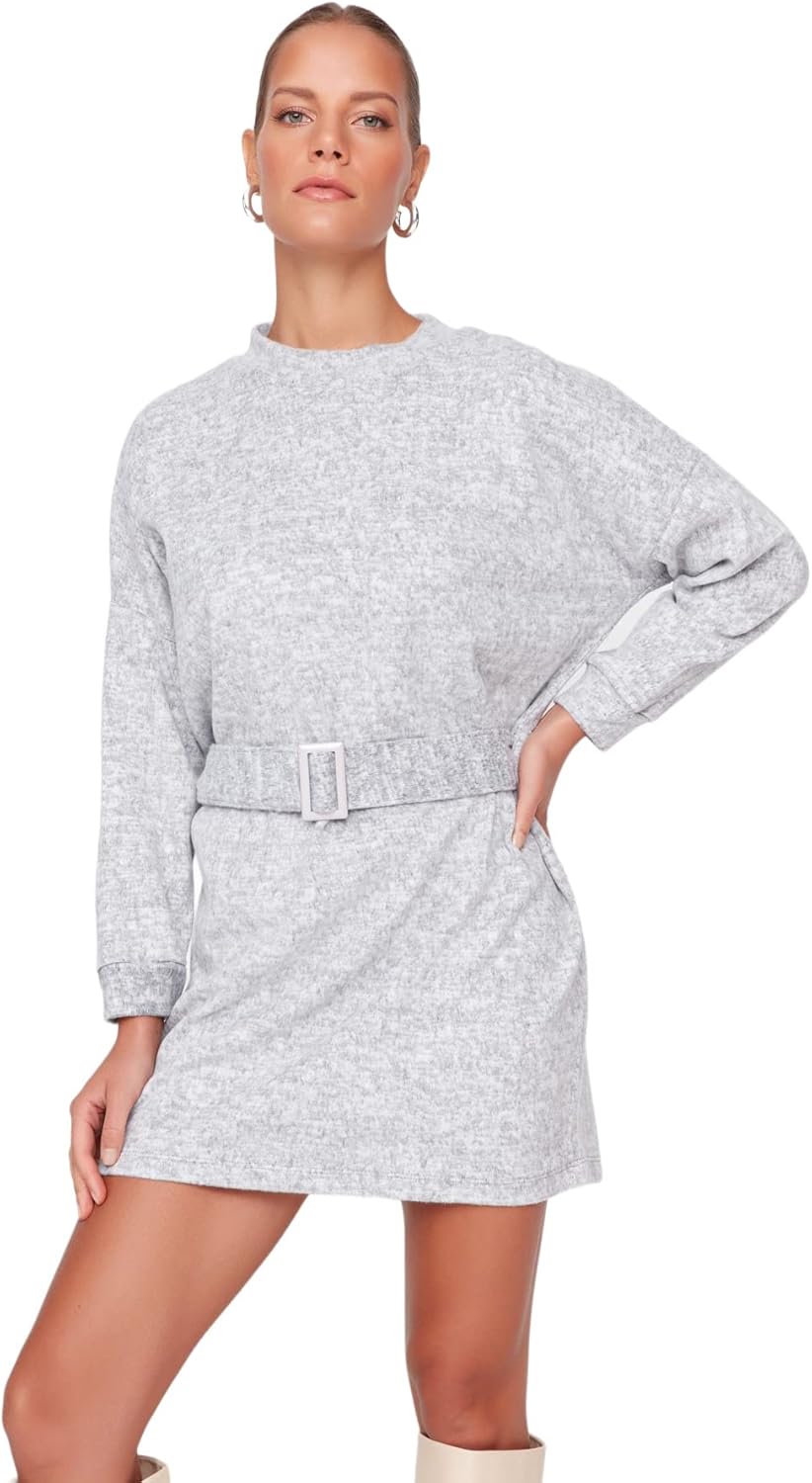 TRENDYOL Damen Woman Midi Bodycon Asymmetrischer Kragen Gestrickt Kleid XS Grau, XS Grau
