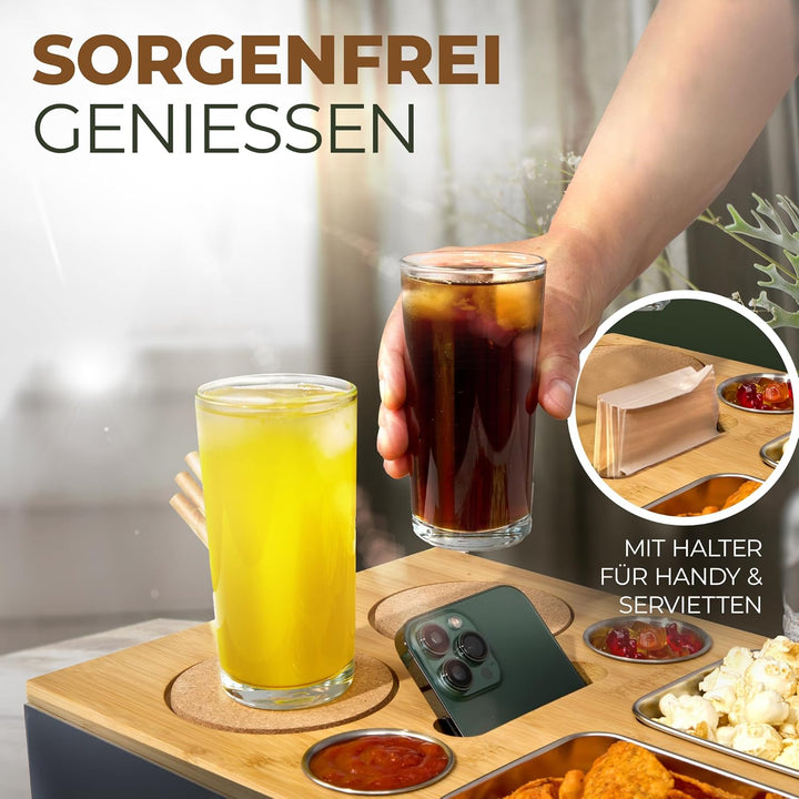 Cascalino's® Couchbar Snackbox mit 2+2 Snackschalen aus Edelstahl - Sofatablett aus Holz | Sofa Orga