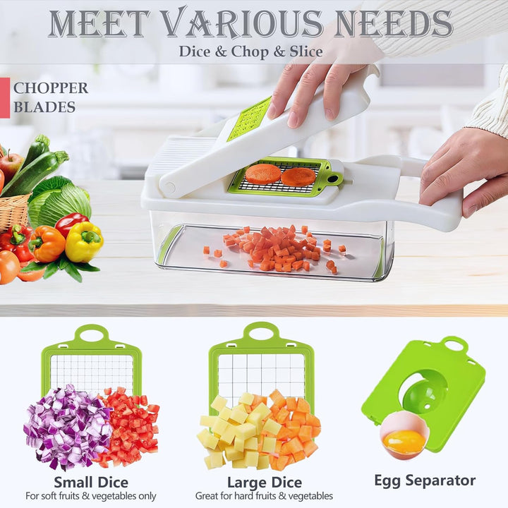 Gemüseschneider Gemüsehobel Reibe Zwiebelschneider Mandoline Dicer Chopper, Weiss 10 Klinge