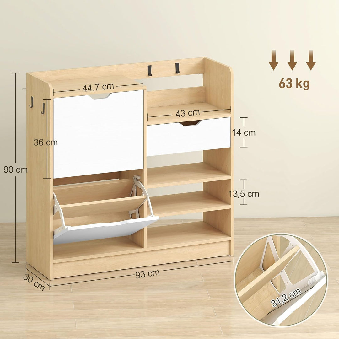 HOMCOM Schuhschrank mit 2 Klappen, Multifunktional Schuhkipper, Schuhregal mit offenen Fächern, vers