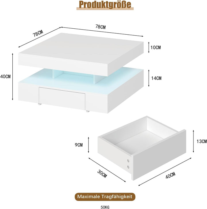 KEEPREAPER Couchtisch LED, Wohnzimmertisch mit 2 Schubladen für Wohnzimmer 78 x 78 x 40cm (Weiss), W
