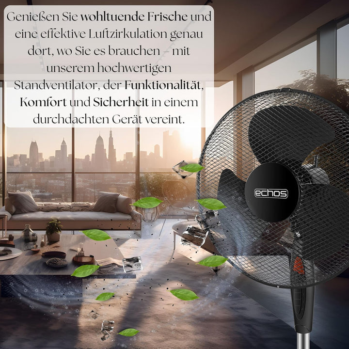 Echos® Standventilator Ø43cm kraftvoller Ventilator sehr leise energiesparend hoher Luftdurchsatz 3