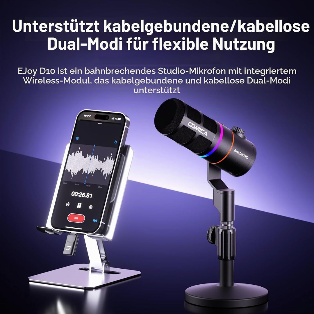 COMICA EJoy D10 Pro Mikrofon Cardioid Dynamisches USB-C/XLR Mikrofon mit 48kHz/24bit, RGB-Beleuchtun