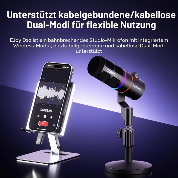 COMICA EJoy D10 Pro Mikrofon Cardioid Dynamisches USB-C/XLR Mikrofon mit 48kHz/24bit, RGB-Beleuchtun
