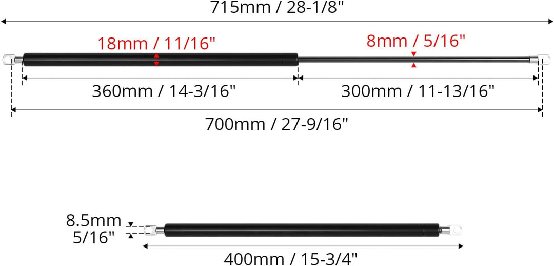 QWORK® 2er Set Gasdruckfedern 700mm 250N – Gasfeder mit Ösenköpfen 8mm für Wohnmobil-Bett, Werkzeugk