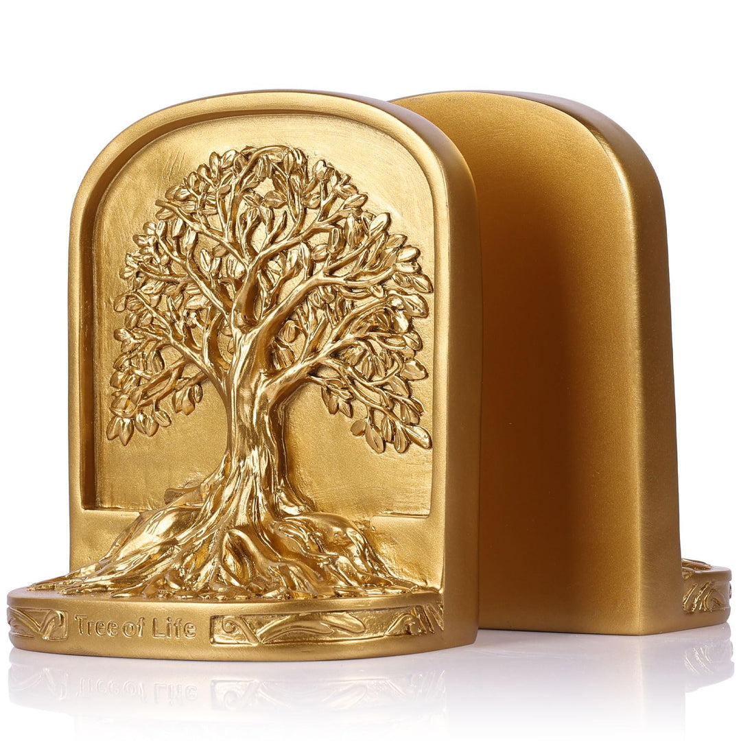 Buchstützen-Set, Baum des Lebens, goldfarben, 2 dekorative Buchstützen für Regale oder Bücherregal,