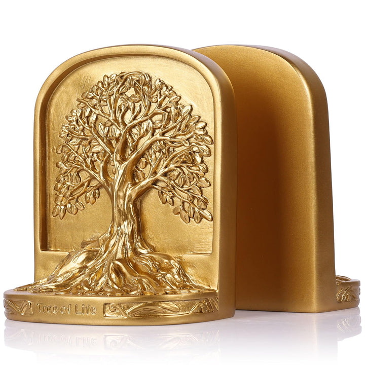 Buchstützen-Set, Baum des Lebens, goldfarben, 2 dekorative Buchstützen für Regale oder Bücherregal,