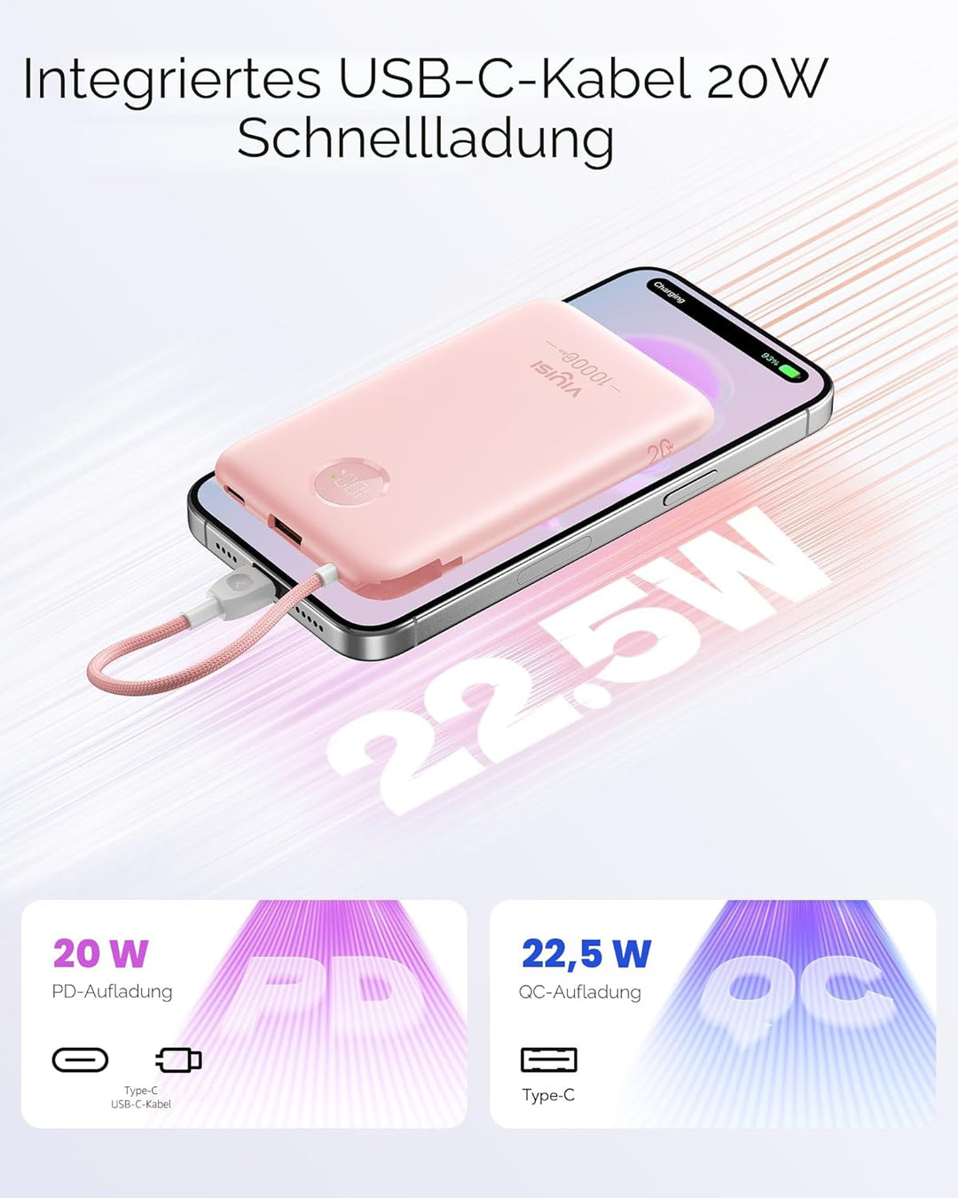 VIYISI Powerbank 10000mAh Ultradünn, 22.5W PD 20W Fast Charge mit Integriertem USB-C Kabel, LED-Anze